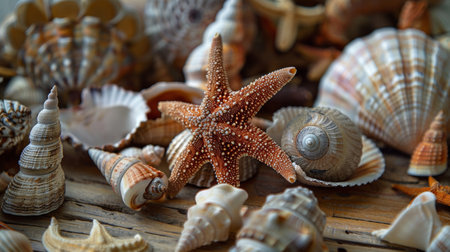 A serene coastal-themed arrangement of seashells and starfish set on a weathered wooden surface, evoking a beach atmosphere.の素材