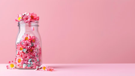 A cheerful image of a pink glass jar filled with colorful candy sprinkles set against a soft pastel pink background.の素材