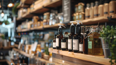 A rustic market setting showcasing wooden shelves filled with bottles and jars of artisanal goods and ingredients.の素材