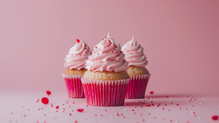 A delightful image of pink cupcakes with swirled frosting and sprinkles set against a soft pastel pink background.の素材