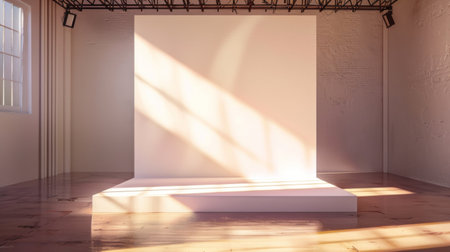 A modern minimalist interior featuring clean white walls and sunlight streaming through a window, casting artistic shadows.の素材