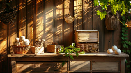 A rustic wooden shelf setup displaying eggs, plants, and cozy kitchen decor bathed in soft natural light.の素材