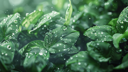 A close-up of fresh green leaves covered in water droplets, with soft natural light creating a calming atmosphere.の素材