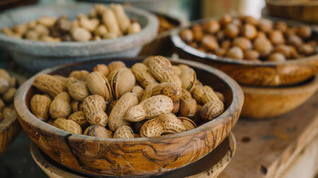 A rustic composition of assorted nuts, including peanuts and almonds, displayed in wooden bowls on a wooden table.の素材
