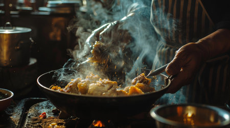 A dramatic kitchen scene with a chef preparing food in a wok, with steam rising and warm ambient lighting.の素材