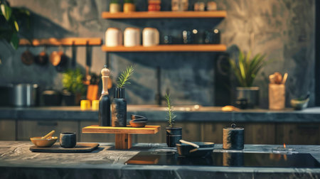 A cozy rustic kitchen interior featuring pots, utensils, and wooden shelves, highlighted by warm, ambient lighting.の素材