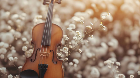 A classic violin placed among delicate flowers, illuminated in soft, warm light, creating a romantic atmosphere.の素材