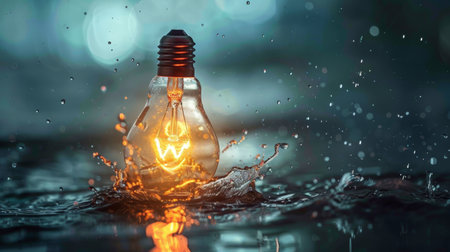A vintage glowing lightbulb placed on a wet surface with sparks and water droplets, creating a moody and artistic energy concept.の素材