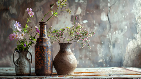 Rustic vintage clay vases with wildflowers arranged on a wooden table, creating a nostalgic and artistic interior decor concept.の素材