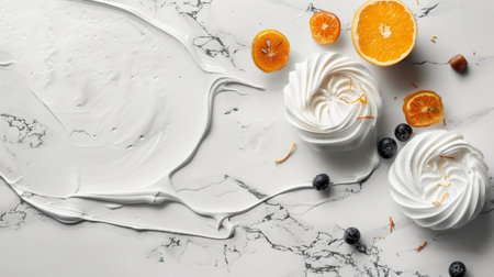 White meringue desserts paired with fresh orange slices on a marble background, creating a light and elegant sweet food concept.の素材