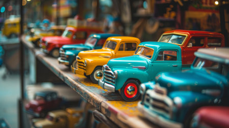 Colorful vintage toy cars arranged on a rustic wooden shelf, creating a nostalgic and charming retro display concept.の素材