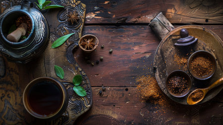 A traditional tea setup featuring clay teapots, cups, spices, and herbs on a rustic wooden table, creating a cozy and cultural beverage concept.の素材