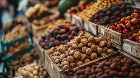 A vibrant market stand displaying fresh nuts, fruits, and dried produce arranged in wooden crates, showcasing healthy and natural ingredients.の素材