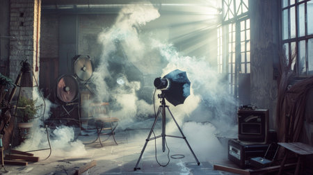 A photographer working in an industrial studio with smoke and dramatic lighting, capturing the energy and atmosphere of professional photography.の素材