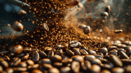 Coffee beans captured in mid-air during a dramatic falling motion, highlighting texture, detail, and the rich concept of coffee preparation.の素材