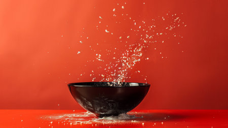 A dramatic splash of water coming out of a black bowl against a vivid red background, creating a dynamic and artistic visual.の素材