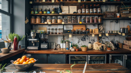 A cozy rustic coffee shop interior featuring wooden shelves filled with coffee products, jars, and decorations, creating a warm cafe atmosphere.の素材