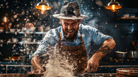 A professional chef preparing dough with flour flying mid-air, creating a dynamic and energetic baking concept in a rustic kitchen.の素材