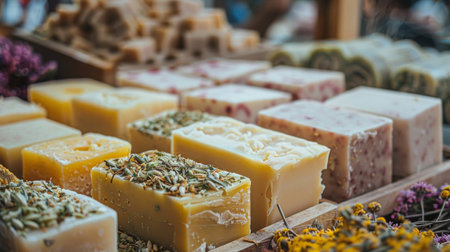 An assortment of handmade soap bars decorated with natural herbs and floral elements, displayed in a rustic and elegant setting.の素材
