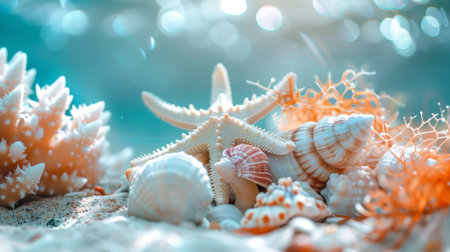 Beautiful seashells and coral on a soft blue background with white sand, evoking tropical beach vibes and oceanic themes.の素材
