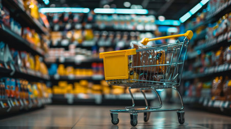 A single empty shopping cart standing in a brightly lit supermarket aisle filled with stocked shelves, representing retail and consumerism.の素材