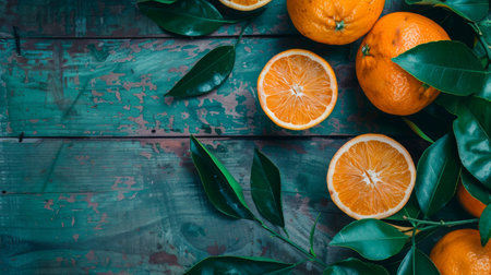 A set of fresh oranges with leaves arranged on a rustic green wooden background, ideal for food and natural themes.の素材