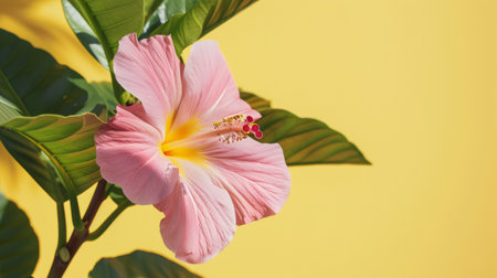 A vibrant pink hibiscus flower with lush green leaves set against a bright yellow background, evoking tropical and summer vibes.の素材