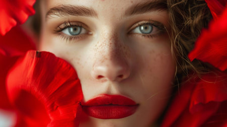 Close-up portrait of a woman with vibrant red lips and bold red floral elements, representing beauty and fashion concepts.の素材