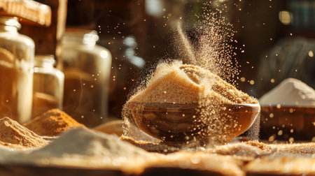A wooden surface covered in flour with a freshly baked loaf of bread and baking tools, evoking a rustic kitchen theme.の素材