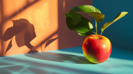 A single vibrant red apple on a turquoise surface with soft plant shadows, creating a fresh and artistic composition.の素材