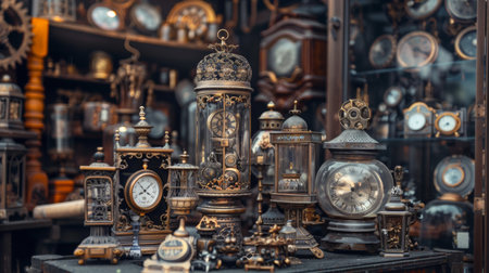 A collection of antique clocks and vintage decor pieces displayed on wooden shelves in a traditional shop setting.の素材