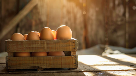 Fresh brown eggs placed in a rustic wooden crate, illuminated by warm sunlight, evoking farm-to-table freshness.の素材