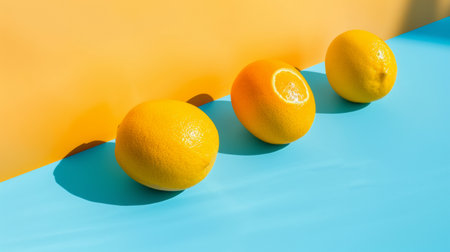 Three fresh yellow lemons placed on a vibrant blue background, creating a clean and colorful food-themed composition.の素材