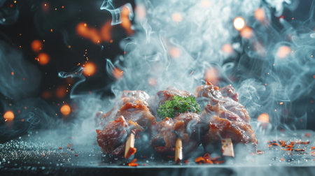 A close-up of fried chicken drumsticks with rising steam, set against a rustic textured background for a hearty food concept.の素材