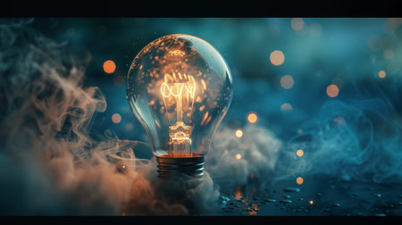 A close-up of a glowing vintage lightbulb surrounded by a soft bokeh background, creating a warm and creative ambiance with delicate details.の素材