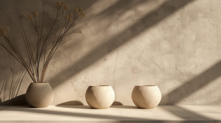 A minimalist interior setup featuring neutral ceramic vases and green plants, illuminated by soft shadows for a clean and modern aesthetic.の素材