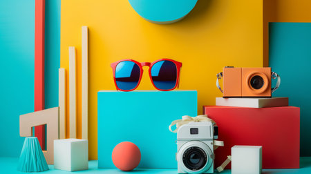 A fun and vibrant summer-themed composition featuring sunglasses, a camera, and colorful props arranged in a dynamic flat lay style.の素材