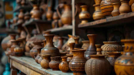 A rustic market scene showcasing traditional pottery and ceramics neatly arranged on wooden shelves, highlighting cultural craftsmanship.の素材