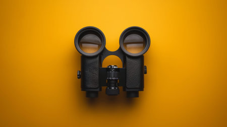 Stylish black binoculars placed on a vibrant yellow surface, ideal for outdoor and adventure themes.の素材