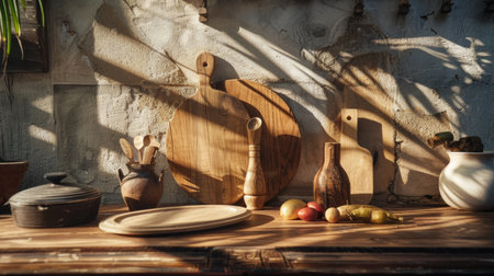 A charming and inviting rustic kitchen scene, featuring wooden utensils and an array of fresh produce aroundの素材
