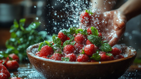 Close-up of fresh strawberries being rinsed under running water, illuminated by warm sunlight, emphasizing freshness and health.の素材
