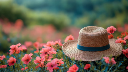 A charming straw hat resting among pink flowers in a sunny garden, evoking warmth and relaxation.の素材