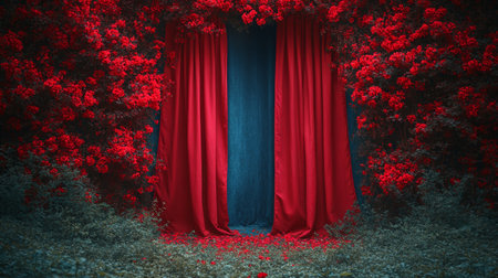 A dramatic red curtain placed in the middle of blooming trees, creating a surreal and captivating atmosphere.の素材
