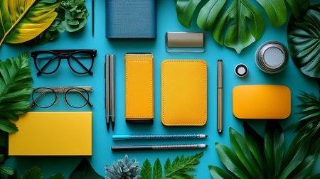A vibrant flat lay of office supplies arranged on a colorful background, blending creativity and functionality.の素材