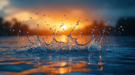 A vivid shot of water splashing with a dramatic orange and blue sunset sky in the background, creating a dynamic composition.の素材