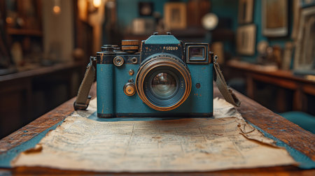 A vintage blue camera resting on a rustic table, surrounded by warm light, evoking nostalgia and artistic charm.の素材