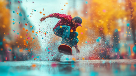 A dynamic image of a skateboarder performing tricks with vibrant splashes of color, emphasizing energy and motion.の素材