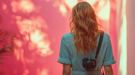 A serene back view of a woman walking along a vibrant path illuminated by warm sunlight, symbolizing tranquility and freedom.の素材