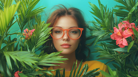 A vibrant portrait of a stylish woman surrounded by lush tropical leaves and colorful flowers, creating a bold and exotic look.の素材