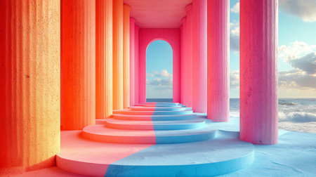 A bold architectural composition featuring colorful arches creating a vibrant and modern hallway design.の素材
